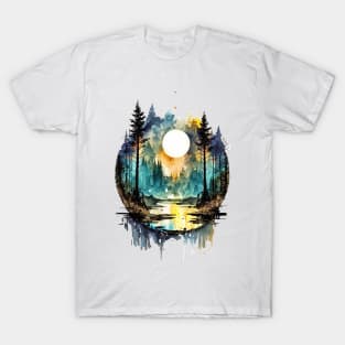 Mountain lake surrounded with trees - 1 T-Shirt